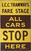 LCC Tramways ENAMEL STOP FLAG 'Fare Stage - All Cars Stop Here'. Made by Franco Signs, London W1 and