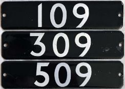 Set of London Underground 1973 Tube Stock enamel STOCK-NUMBER PLATES from a 3-car unit comprising