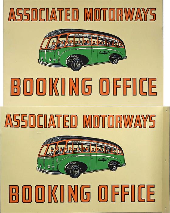 1950s Associated Motorways Booking Office SIGN featuring an illustration of a coach with window-