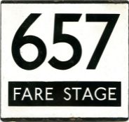 London Transport trolleybus stop enamel E-PLATE for trolleybus route 657 FARE STAGE. The 657 ran