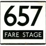 London Transport trolleybus stop enamel E-PLATE for trolleybus route 657 FARE STAGE. The 657 ran