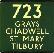 London Transport coach stop enamel E-PLATE for Green Line route 723 destinated Grays, Chadwell St