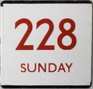 London Transport bus stop enamel E-PLATE for route 228 Sunday with red lettering. We think this