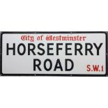 A City of Westminster enamel STREET SIGN from Horseferry Road, SW1 which leads off Millbank and is