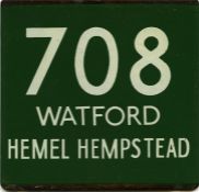 London Transport coach stop enamel E-PLATE for Green Line route 708 destinated Watford, Hemel