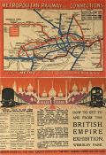 c1924 Metropolitan Railway small POCKET CARD MAP "How to get to and from the British Empire
