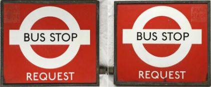 London Transport BUS STOP FLAG (request) of the 1940s/50s flat type, two enamel plates in a bronze
