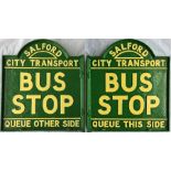 Salford City Transport cast-alloy BUS STOP FLAG with extra wording 'Queue this side, queue other