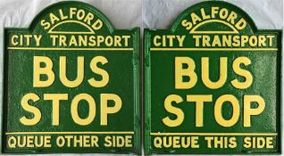 Salford City Transport cast-alloy BUS STOP FLAG with extra wording 'Queue this side, queue other