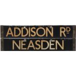 London Underground Q/CO/CP Stock enamel DESTINATION PLATE for Addison Rd/Neasden on the then