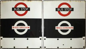 London Transport enamel BUS STOP FLAG split between Bus and Red Arrow services. An E3-size, 'boat'-