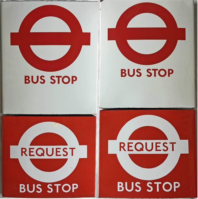 Pair of London Transport enamel, boat-style BUS STOP FLAGS, the first an early 1990s E6-size
