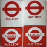 Pair of London Transport enamel, boat-style BUS STOP FLAGS, the first an early 1990s E6-size