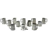 Barware, group lot of twelve (12) pewter tankard mugs:, various makers, sizes and age, largest: 5