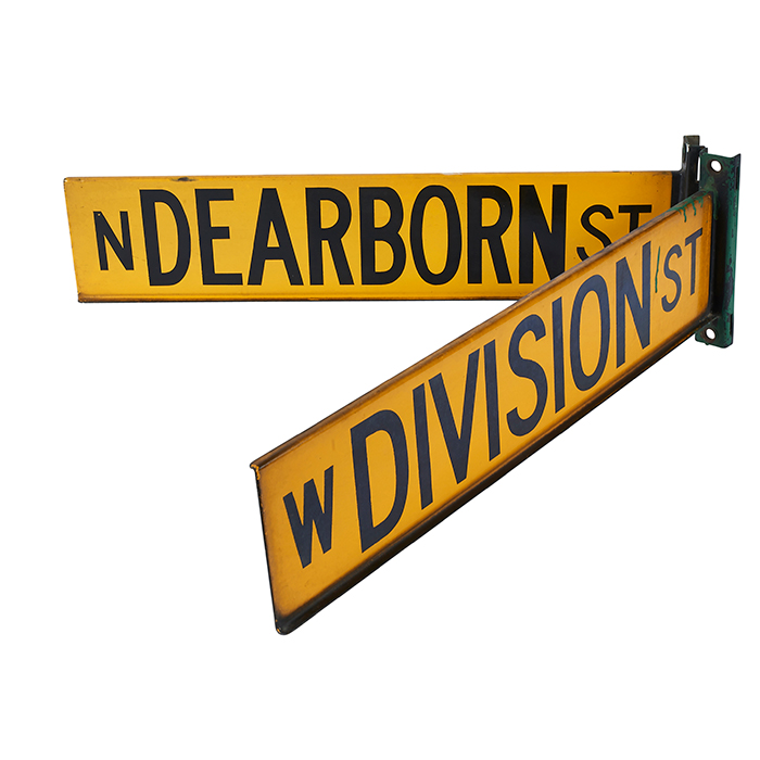 Chicago Interest, A pair of vintage yellow Chicago street signs, W Division St and N Dearborn St, 26