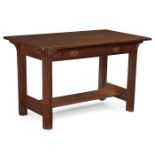 Arts & Crafts, library table, oak, copper, 48.5"w x 28.5"d x 30"h Original finish. Unknown maker. <