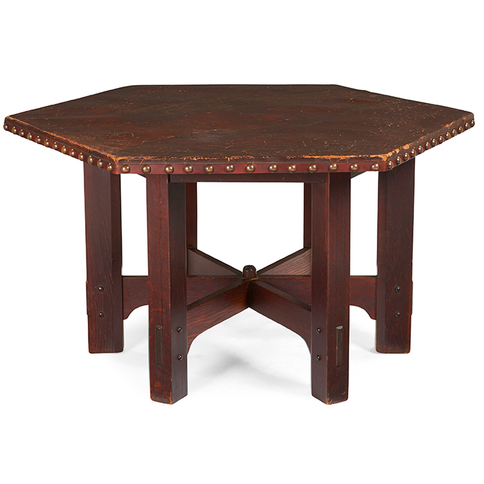 Gustav Stickley, hexagonal table, #625, Eastwood, NY, oak, leather, top with paper label, branded