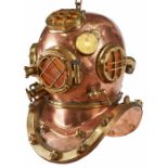 Vintage, full-size diving helmet, copper, brass, glass, converted for use as a hanging light