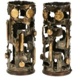 Brutalist, Trench Art candleholders, pair, USA, c. 1976, torch-cut 105MM artillery shells, applied