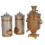 Antique Russian, Samovar, brass and wood, together with two dispensing canisters, 14 1/2"w x 19"d