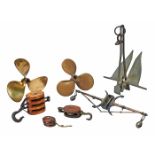 Vintage Nautical, Anchor, two propellers, three pulleys and another article, various materials,