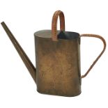 Carl Aubock (1900-1957), watering can, Austria, brass, rattan, stamped mark, 13"w x 3.5"d x 10.5"h