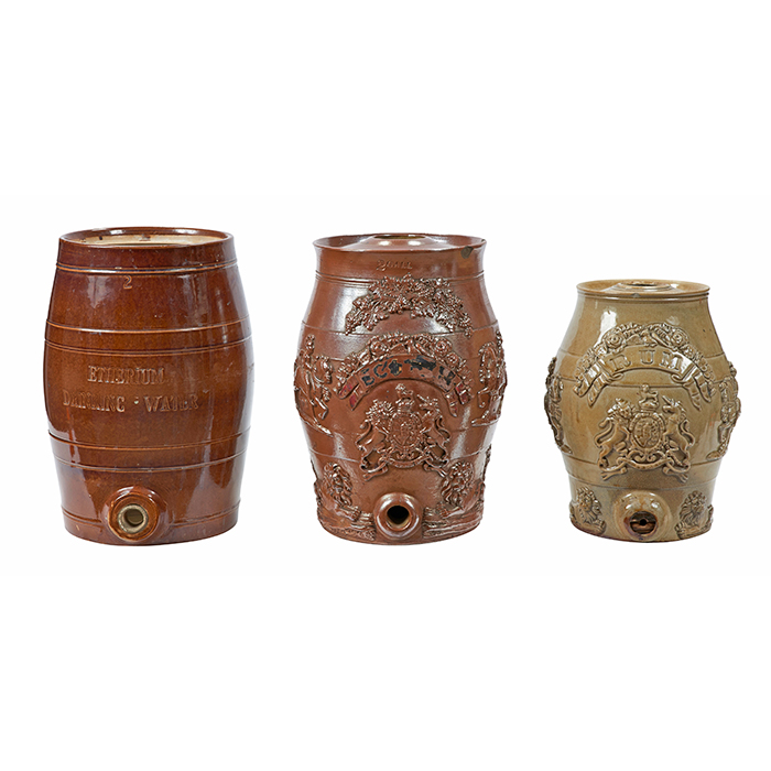 Victorian Barware, stoneware barrel casks / dispensers, group of three:, Etherium Drinking Water,