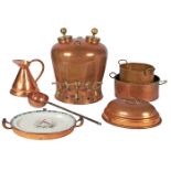 Antique, copper and brass kitchen articles, including:, three-spigot samovar, pitcher, (2) pots,