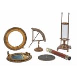 Antique and Vintage Nautical, Sextant, two port hole mirrors, candlestick with glass cylinder,