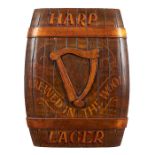 Irish Beer Advertising, Harp: Brewed in the Wood, Lager barrel-form pub sign, painted wood, 23 1/2"w