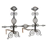 Arts & Crafts, In The Style of The Roycrofters, andiron set, wrought iron, overall: 46.5"w x 24.5"