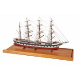 Vintage Nautical, Hull Model of a sailboat with four masts, mixed media, overall with mirror display