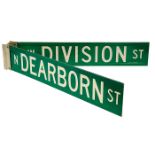 Chicago Interest, A pair of vintage green Chicago street signs, W Division St and N Dearborn St,