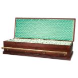 Custom Made, bar-form casket, mahogany, pine, brass, shamrock decorated fabric, complete with foot