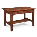 Gustav Stickley, library table, #615, Eastwood, NY, oak, iron, signed with large red decal, 48"w x