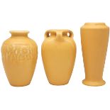 Rookwood Pottery, vases, three, Cincinnati, OH, Matte yellow glazed ceramic, impressed marks,