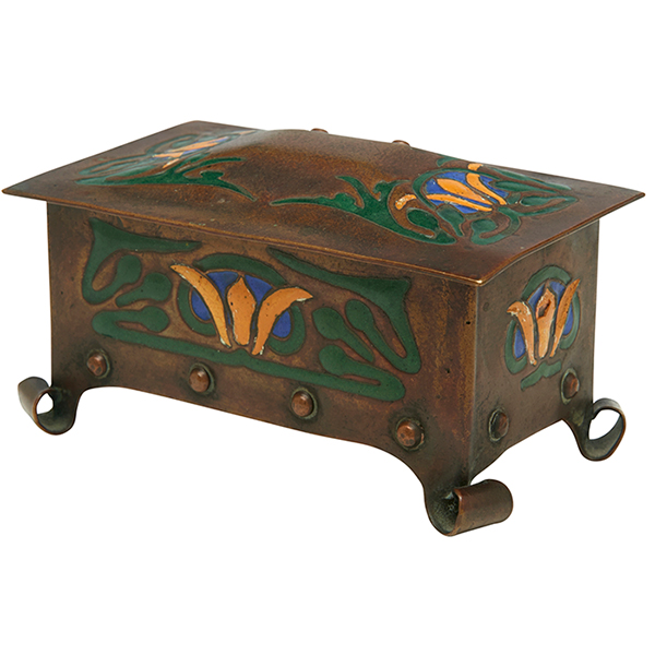 The Arts Crafts Shop, stamp box, #1008, Buffalo, NY, copper, polychrome enamel, impressed marks, 4"w