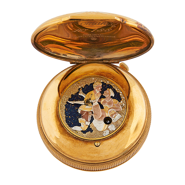Reuge, Romance No. 188 erotic musical pocket watch, gold plated metal, polychrome enamel automated - Image 3 of 4
