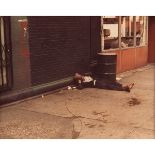 Michael Eastman, (American, b. 1947), Man Asleep on the Street, color photograph, 7.5" x 9.5" Please