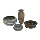 American Pottery, vase, bowl, ash receiver and flower frog, matte and glazed ceramic, three