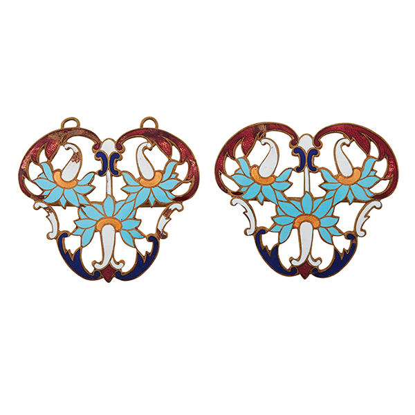 Art Nouveau, Floral buckle set, copper, polychrome enamel, unsigned, each: 2 1/8"w x 1 7/8"l
