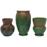 The Weller Pottery Company, vases, three, Zanesville, OH, Greora glazed ceramic, one with incised