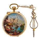 Reuge, Romance No. 188 erotic musical pocket watch, gold plated metal, polychrome enamel automated