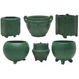 The Weller Pottery Company, Attribution, vases, six, Zanesville, OH, matte green glazed ceramic,