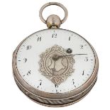 Concealed Erotic, open face pocket watch, silvered metal, polychrome painted scenes, 2 1/8"dia