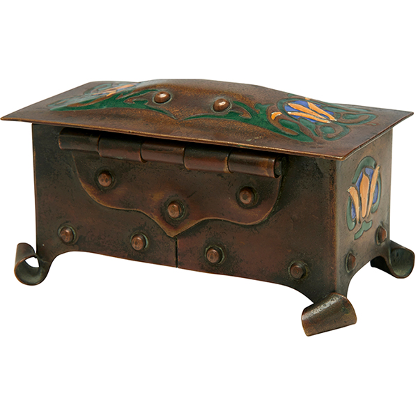 The Arts Crafts Shop, stamp box, #1008, Buffalo, NY, copper, polychrome enamel, impressed marks, 4"w - Image 2 of 2