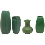 The Weller Pottery Company, vases, three, Zanesville, OH, matte green glazed ceramic, two signed,