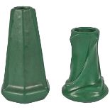 The Weller Pottery Company, vases, pair, Zanesville, OH, matte green glazed ceramic, both with