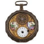 Swiss, Circa 1790, open face automated pocket watch, silver case, enameled roundels, 2 1/4"dia