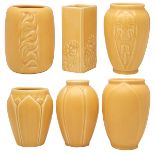 Rookwood Pottery, vases, six, Cincinnati, OH, Matte yellow glazed ceramic, each with impressed